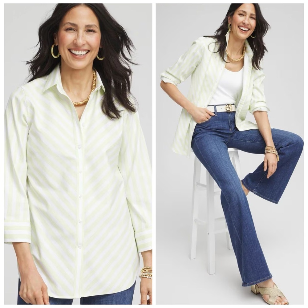 CHICO’S NWT 2 No Iron Chevron Stripe Stretch Shirt in Applemint Green Poplin L